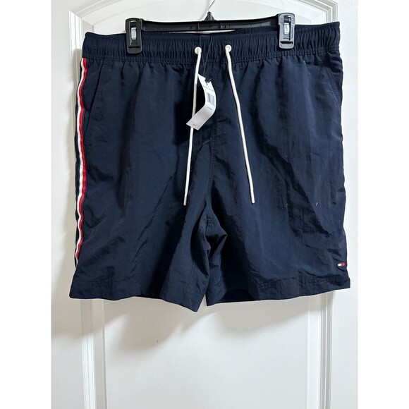 Tommy Hilfiger Mens Navy Swim Trunks Mesh Lining XL Red & White Stripe Summer - Picture 1 of 5